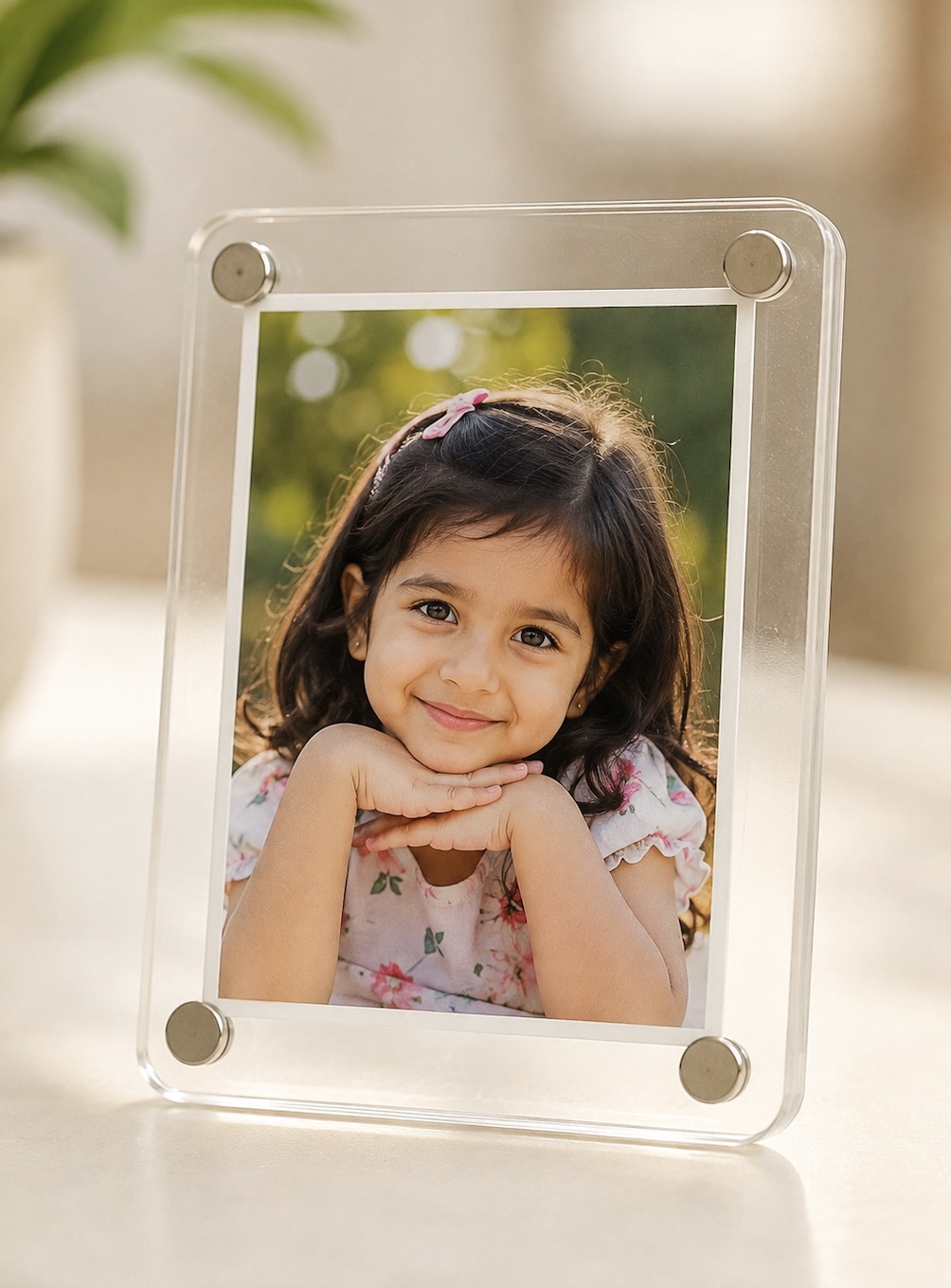 Acrylic photo fridge magnet frame standing upright with a personalized vertical photo