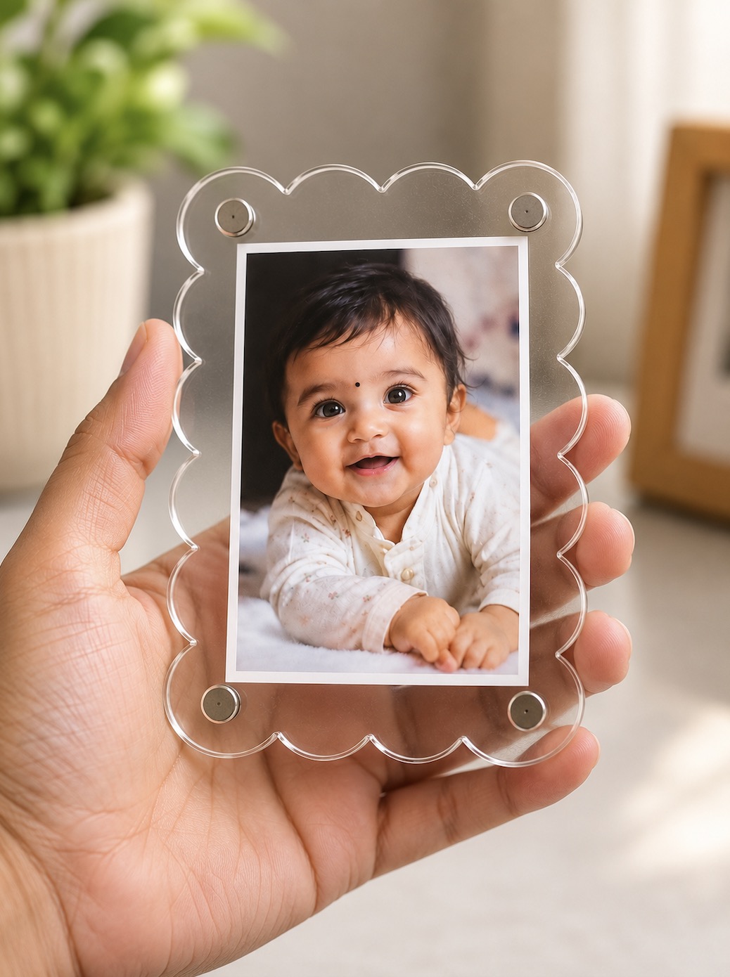 Bubble-shaped acrylic photo fridge magnet frame with a personalized vertical photo