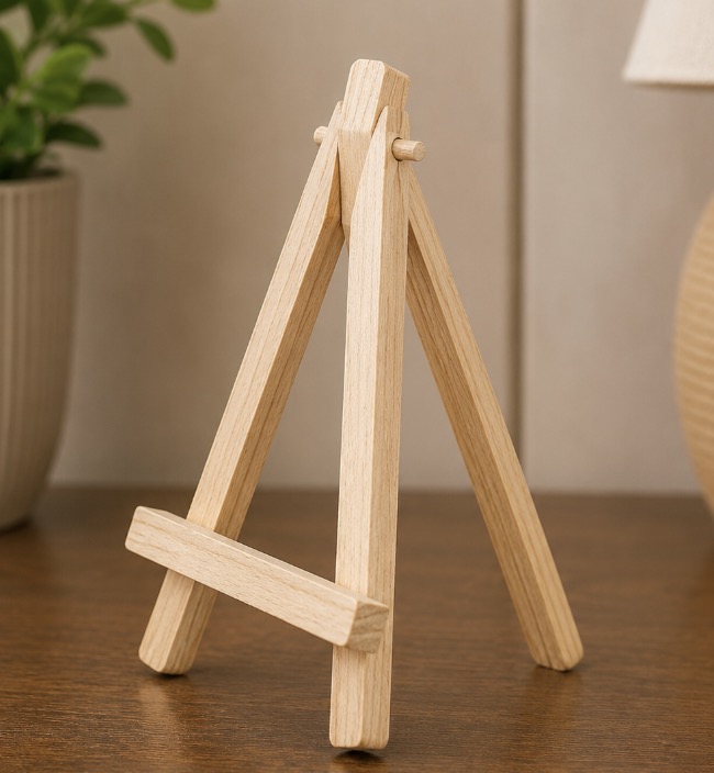 Close view of the wooden tri-stand included with the photo frame