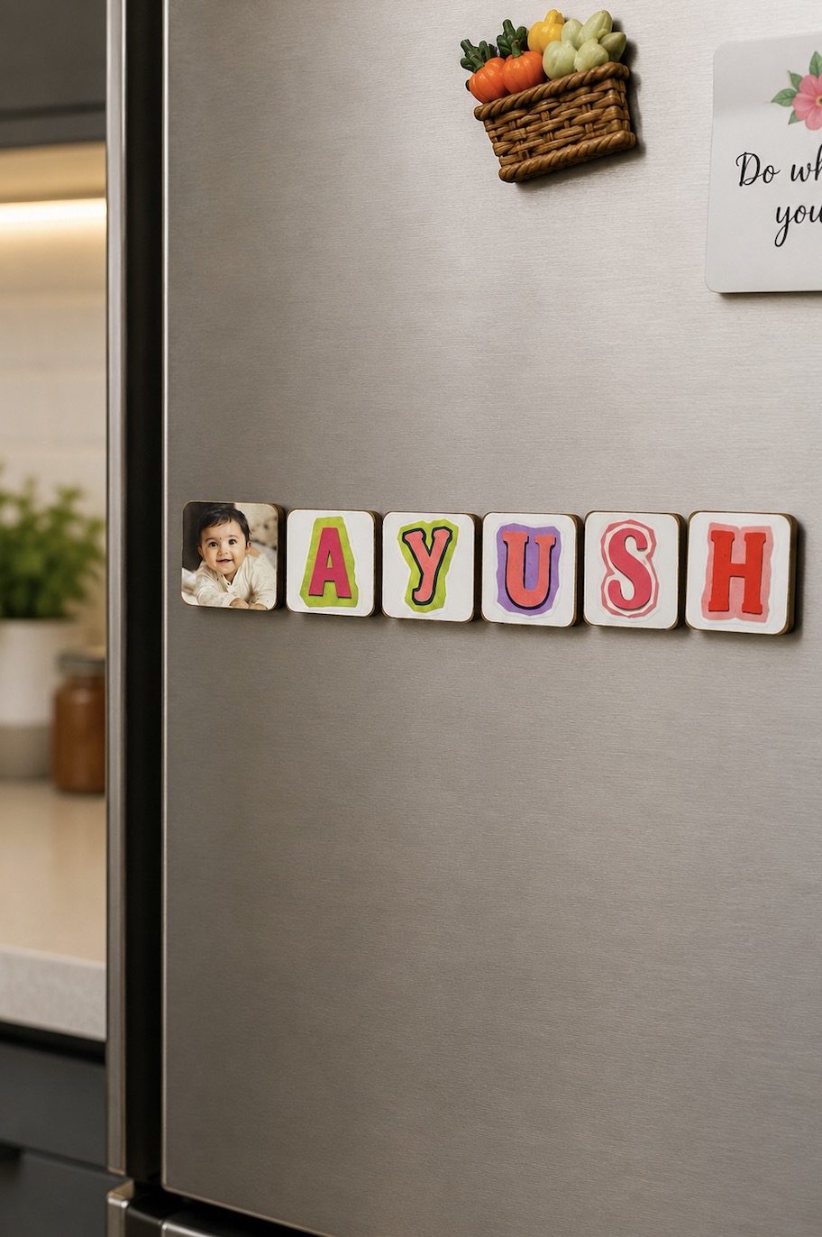 Personalized name and photo MDF fridge magnet blocks displayed on a refrigerator
